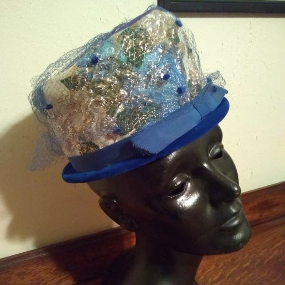 Vintage Hat, Blue Velvet, Blue/Gold/ Metallic Brocade, Netting, Grosgrain Bow